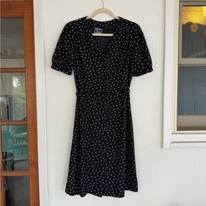 90’s Black Button Up Dress Small White Pattern Fabric Tie Belt